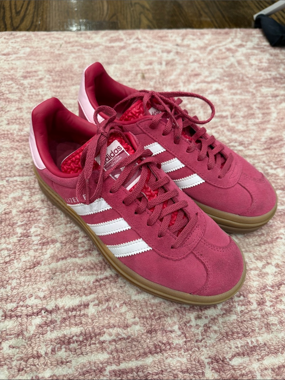 adidas Women’s Suede Sneakers in Pink with White Stripes and Gum Sole